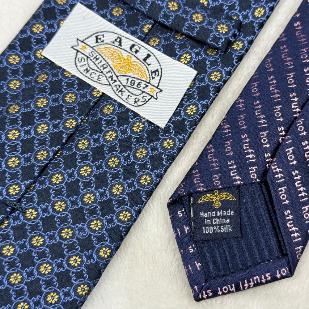 Eagle Shirtmakers 2 designs Silk Tie Navy Blue Gold Geometric Floral Hand Made